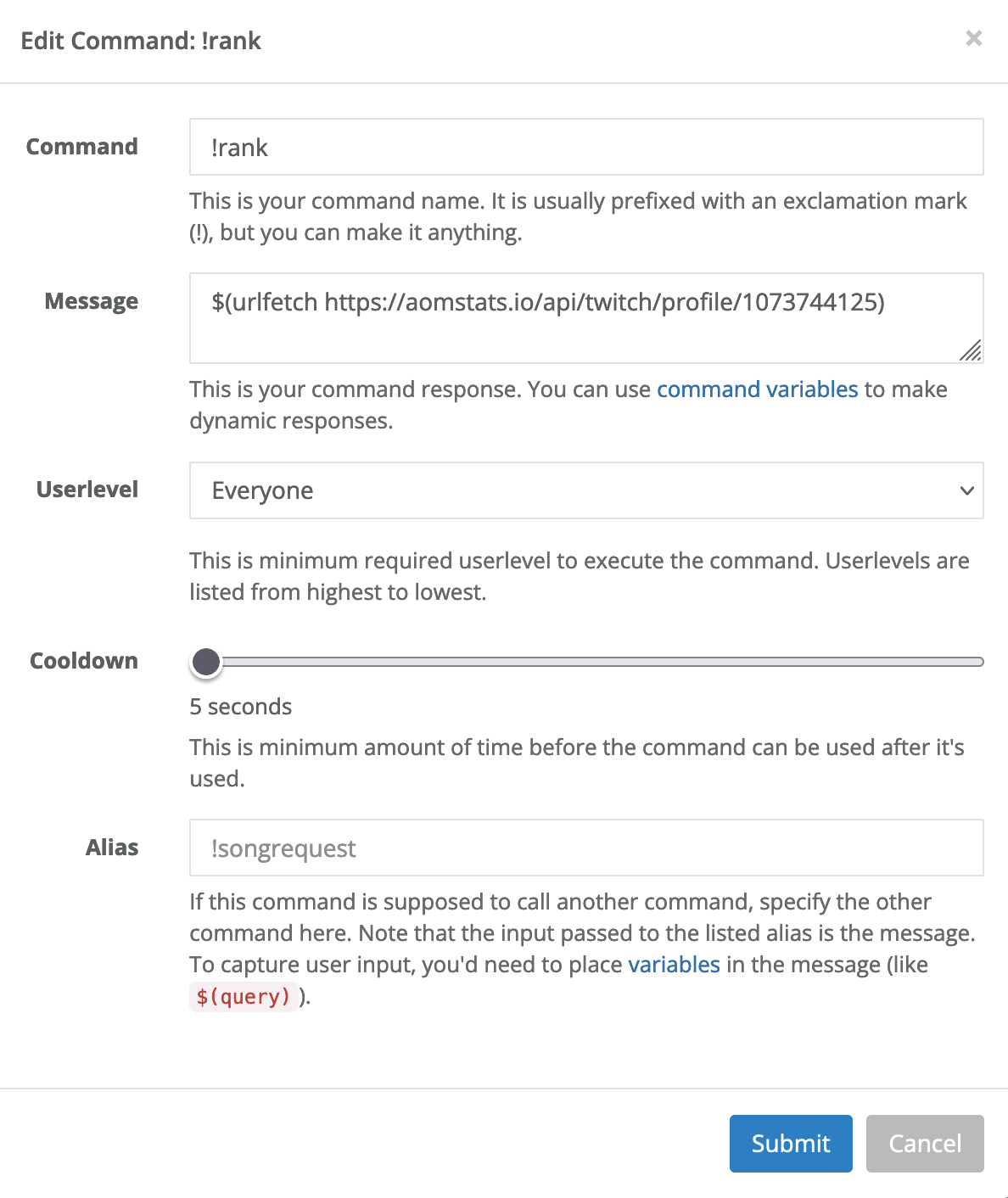 example of setting up a urlfetch command with nightbot